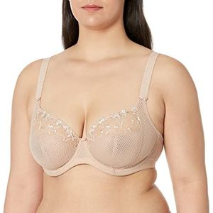 Elomi Women's Charley Plunge Bra: Elegant Floral Embroidery, Everyday Comfort. Three-Section Cup, Low Plunge Front, Flexible Back Sweep. DD+ Bras Fawn