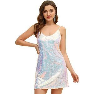 Allegra K Glitter paillettenjurk voor dames, spaghettibandjes, V-hals, feest, cocktail, sprankelende mini-jurk, clubwear, Wit Blauw, S