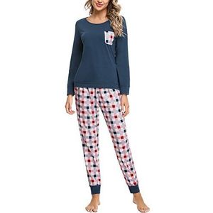 Doaraha Geruite pyjama voor dames, T-shirt en broek, pyjama, lange mouwen, rasterweefsel, katoen, korte mouwen, met zak, gekerfde kraag, 2 stuks, B# Marineblauw, XXL