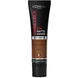 L'Oréal Paris Infaillible 32H Matte Cover Foundation 350, langdurige vloeibare make-up met warme ondertint, hoge dekking, formule met 4% niacinamiden, water- en veegvast, 1 x 30 ml