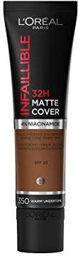 L'Oréal Paris Infaillible 32H Matte Cover Foundation 350, langdurige vloeibare make-up met warme ondertint, hoge dekking, formule met 4% niacinamiden, water- en veegvast, 1 x 30 ml