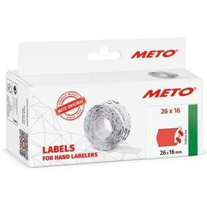 METO etiketten voor etiketteerapparaten (26x16 mm, 2-regelig, 6000 stuks, permanent hechtend, voor METO, Contact, Sato, Avery, Tovel, Samark, etc.), 6 rollen, fluor-rood