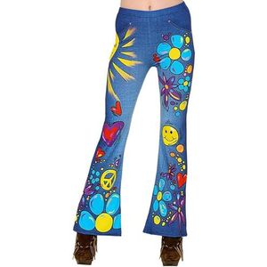 Widmann 29404 29404 Leggins jaren 70 Leggins Hippie Jeans, Flower Power, 70s, bloemenbroek, themafeest, carnaval, uniseks, volwassenen, meerkleurig, L/XL