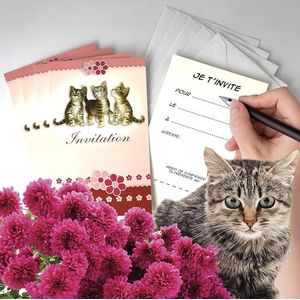 Set van 5 kaarten ""uitnodiging"" kat dieren met 5 witte enveloppen 9 x 14 cm - tekst Ik nodig je uit om... de (datum) op (tijd) adres - feest, snack, verjaardag, roze bloemen voor meisjes - IV5021