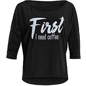 Winshape Dames ultra licht modal-3/4-mouw shirt MCS001 met witte ""First I need coffee"" glitteropdruk, Winshape Dance Style, fitness, vrije tijd, sport, yoga, workout