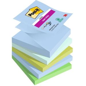 Post-it Super Sticky Z-Notes Oasis Color Collection, Pack van 5 pads, 90 vellen per pad, 76 mm x 76 mm, blauw, groen - extra plaknotities voor het maken van notities, takenlijsten en herinneringen
