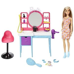 Barbie Set, Kinderspeelgoed, Barbie Eindeloos Lang Haar Speelset Haarsalon en Pop, lang haar dat van kleur verandert, jurk met pied-de-pouleprint, 15 stylingaccessoires HKV00