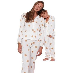 Trendyol Meisje Vrouw Dierenprint Dunne Gebreide T-shirt-Broek Pyjama Set (Pack van 2), Ecru, 6-7 jaar