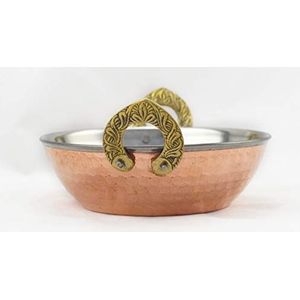 HostelNovo Indiase voedselschaal met handgrepen, karahi-schaal, gehamerd roestvrij staal koperen hoefijzer handgrepen, Indiaas servies, 15 x 5,5 cm
