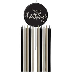 Folat 68691 Verjaardagsdecoratie, zwart, crème, champagnegoud, kaarsenset, 9,5 cm, 11 stuks, een chique en charmante Happy Birthday-decoratie