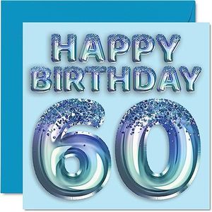 60e verjaardagskaart voor mannen - blauwe glitter feestballon - gelukkige verjaardagskaarten voor 60-jarige man oom opa papa opa gran, 145 mm x 145 mm zestig zestig verjaardag wenskaarten cadeau