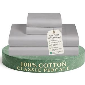 FEATHER & STITCH NEW YORK Zachtste lakens van 100% katoen, 4-delige set, 300 draadtelling percal geweven beddengoed, 40,6 cm diepe zak, koellakens, kingsize lakens, ademende beddengoedset (grijs)