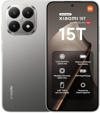Xiaomi 15T, Smartphone 12+256GB, 6,83"" 120Hz display, MediaTek Dimensity 8400-Ultra, 50MP Leica Summilux optische lens, 5500mAh, Titanium, Oplader niet inbegrepen, Fabrieksgarantie 2 jaar