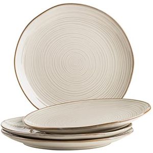 MÄSER Serie Nottingham Set van 4 borden met filigraan lijnspel en edele glazuur, platte borden van keramiek in moderne vintage look, steengoed, beige