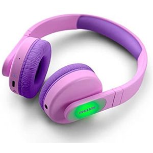 Philips Kids Draadloze on-ear-koptelefoon, draadloze koptelefoon voor kinderen met Bluetooth met gelimiteerd volume, 28 uur afspeeltijd, kleurrijk ontwerp & lichtgewicht, roze en paars met lampjes