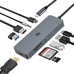 OBERSTER USB C HUB, USB 3.0 HUB, 10-in-1 HUB C docking station met 2 USB A 3.0, 2 USB A 2.0, USB C 3.0, 4K HDMI, 1 x 100 W PD, audiomicrofoon, SD/TF voor Windows, macOS, Linux