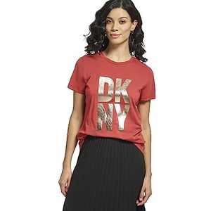 DKNY Women's S/S Stack Logo Tee, Red Ochre, XS, red ochre, XS