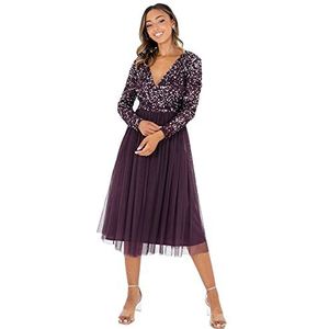 Maya Deluxe Dames Maya Faux Warp Front Versierde Midi Jurk Bruidsmeisje, Berry, 6