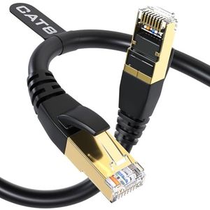 DbillionDa Cat8 Ethernet-kabel, 1.8M Heavy Duty High Speed 26AWG Cat8 LAN netwerkkabel 40 Gbps, 2000 Mhz met vergulde RJ45-connector, Weerbestendig S/FTP UV-bestendig voor Router, ZWART, Cat8-6 m
