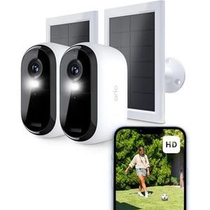 Arlo Essential 2 HD Draadloze Wi-Fi Beveiligingscamera voor Buiten incl. Zonnepanelen, 1080p Video, Kleurennachtzicht, Licht, Bewegingsmelder, Sirene, 2-Weg Audio, Arlo Secure Proefperiode, Set van 2