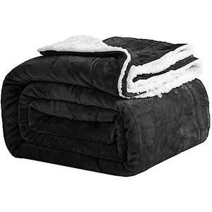 Good Nite Beddeken 130 x 150 cm sherpa flanellen deken, fleece pluizige sprei, lichtgewicht microvezel effen voor op de bank (zwart, eenpersoons)