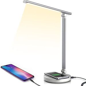 MAHAND Bureaulamp, led, dimbare bureaulamp, 5 kleuren en 10 helderheidsniveaus, oogvriendelijke bedlamp, 10 W, draadloos opladen en USB-aansluiting, smartphones, bedlampje draadloze oplader