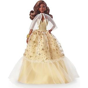 Feestelijke Barbie Pop 2023, seizoensgebonden cadeau voor verzamelaars, Barbie Signature, goudkleurige outfit en prachtige vensterverpakking, donkerbruin haar HJX05