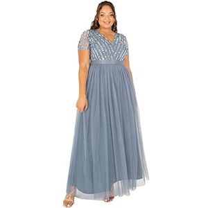Maya Deluxe Maxi-jurk voor dames, bruidsmeisje, V-hals, baljurk met korte mouwen, lang, elegant, empire-taille, bruiloft, Dusty Blauw, 50