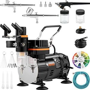 VEVOR Professionele airbrush-compressor, complete airbrush-set, dubbel, airbrush-pistool, 0,2/0,3/0,8 mm, hoge doorstroming, koffer, decoratie, gebak, tattoo, nagels, make-up, schilderen