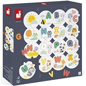 Janod Pure Le Mie Prime Letterpuzzel 28 stuks + 26 cijfers van hout – leer het alfabet – multisensorisch speelgoed – vanaf 24 maanden, J08045, meerkleurig