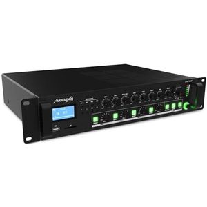 Audibax Zone 360BT audioversterker voor meerdere zones, uitgangsvermogen 360 W, meerdere kabelingangen, audio-mixer met Bluetooth, USB- en SD-aansluiting, fantoomvoeding