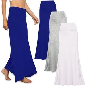 Free to Live 3 Pack Long Skirts for Women Fall Winter Flowy Maxi Skirt High Waist Fold Over (Large, Heather Grey, Royal Blue, White)