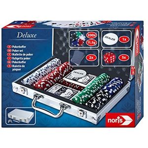 Noris 606101982 - Deluxe poker koffer van metaal om af te sluiten, 200 pokerchips, 2 kaartdecks, 5 pokerdobbelstenen, dealer button, 2 sleutels, vanaf 14 jaar