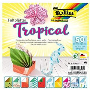 folia 470/1515 - vouwbladen Tropical, 15 x 15 cm, 80 g/m², 50 vellen gesorteerd in 10 motieven - ideaal voor prachtige vouwfiguren en -vormen