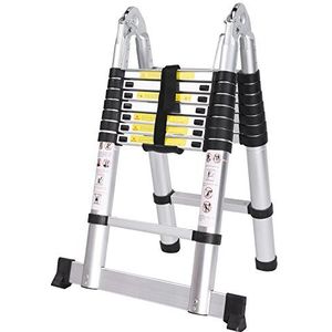 Meditool 5 m aluminium vouwladder, 2,5 m + 2,5 m, telescopische ladder, draagbaar, inklapbaar, 16 treden, antislip, belastbaar tot 150 kg