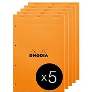 RHODIA 20200C notitieblok, geniet, nr. 20, oranje, A4+, kleine ruitjes, 80 vellen, verwijderbaar, 4 gaten, wit papier, 80 g/m², verpakking met 5 blokken