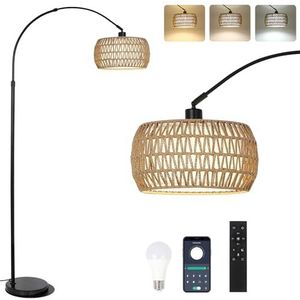 Rayofly booglamp woonkamer vloerlamp, vintage vloerlamp met rotan lampenkap, boho vloerlamp met afstandsbediening en LED lamp, app controle, dimbare vloerlamp voor slaapkamer kantoor, zwart