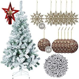 Kerstboom sneeuw 210 cm + 6 stuks kerstballen + 6 gouden kerstballen + 5 m kabel, 24 m verlichting, 240 leds, 8 functies, ster met 3D-bal