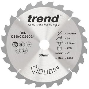 Trend CraftPro Negatieve haak kruissnijdend TCT zaagblad voor Makita & Festool tafel/verstekzagen, 260 mm x 24 tanden x 30 mm boring, wolfraamcarbide getipt, CSB/CC26024