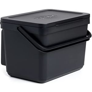 TATAY Biologische afvalemmer keuken met houder, 6L inhoud, polypropyleen, 100% gerecycled materiaal. Kleur zwart. Afmetingen: 26,5 x 20,5 x 18,5 cm
