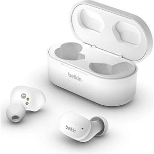 Belkin AUC001btWH SoundForm True Wireless Earbuds (Bluetooth-oordopjes voor iPhone, Samsung, Google, bedieningsknoppen, draagbaar oplaadhoesje, 24 uur luistertijd, ruisisolatie, zweetbestendig, wit),Eén maat,Kleur: wit