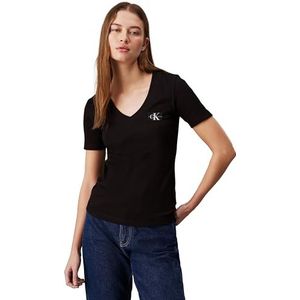 Calvin Klein Jeans Dames geweven label geribbeld V-hals T-shirt S/S T-shirt, zwart., L