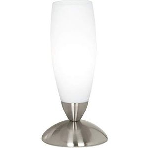 EGLO Slim Tafellamp, bedlampje van metaal en glas, woonkamerlamp in mat nikkel en wit, lamp met schakelaar, E14-fitting