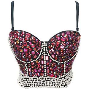 Bslingerie Dames bustier met pailletten, clubwear beha, Rode kristallen, L