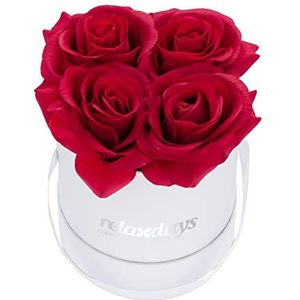 Relaxdays Rozenbox rond, 4 rozen, stabiele bloemenbox, wit, 10 jaar houdbaar, cadeau-idee, decoratieve bloemenbox, rood