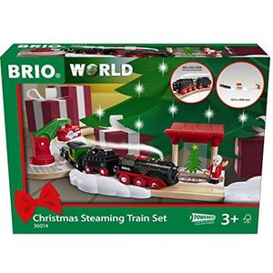 BRIO World 36014 kerstset met batterijstoomlocomotief - koude waterdamp stroomt uit de schoorsteen van de locomotief - grote railindeling voor een rondreis rond de kerstboom, aanbevolen vanaf 3 jaar