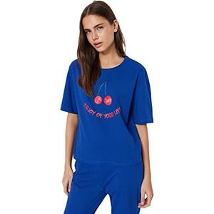 Trendyol Dames slogan gebreide T-shirt-broek pyjama set, marineblauw, XL, Donkerblauw, XL