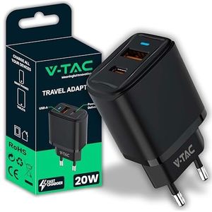 V-TAC Snellader 20 W USB-C voor iPhone en Samsung - ultra snel voor smartphones en apparaten - 2 poorten USB type C en USB A voor iPhone 13/14/15/16 PRO/MAX en Galaxy S24/S25/S26