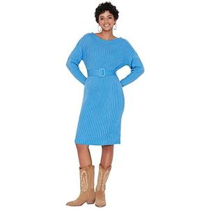 TRENDYOL Dames Woman oversized mini bodycon ronde hals gebreide maten jurk, blauw, M, blauw, M
