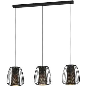 EGLO Hanglamp Curasao, 3-lichts pendellamp, eettafellamp van zwart metaal, stof in zwart en goud, lamp hangend voor woonkamer, E27 fitting